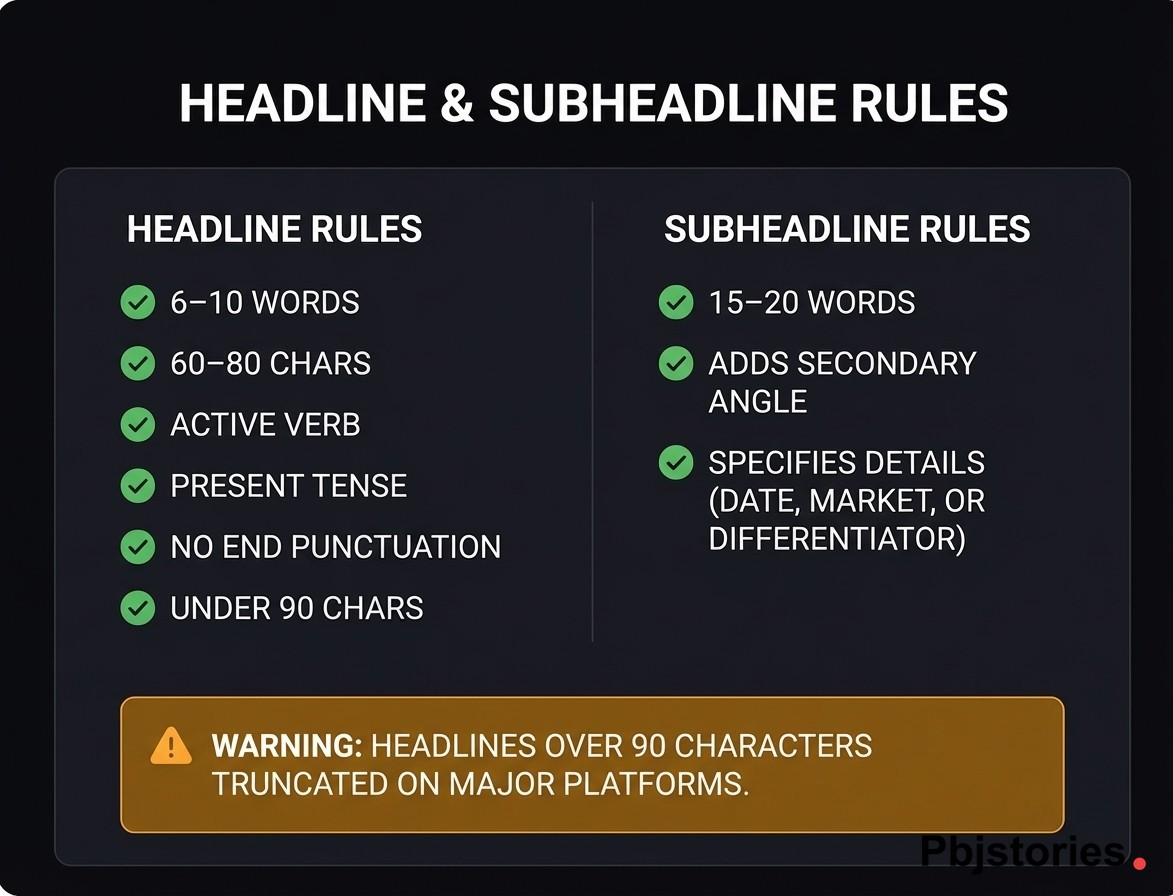 Press release headline and subheadline length checklist showing AP style rules including 6 to 10 words, 60 to 80 characters, and platform truncation limits