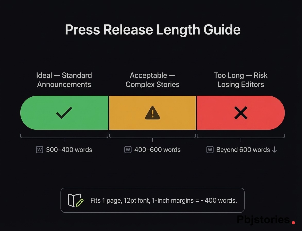Press release ideal length spectrum chart showing 300 to 400 words for standard announcements and 500 to 600 words for complex stories