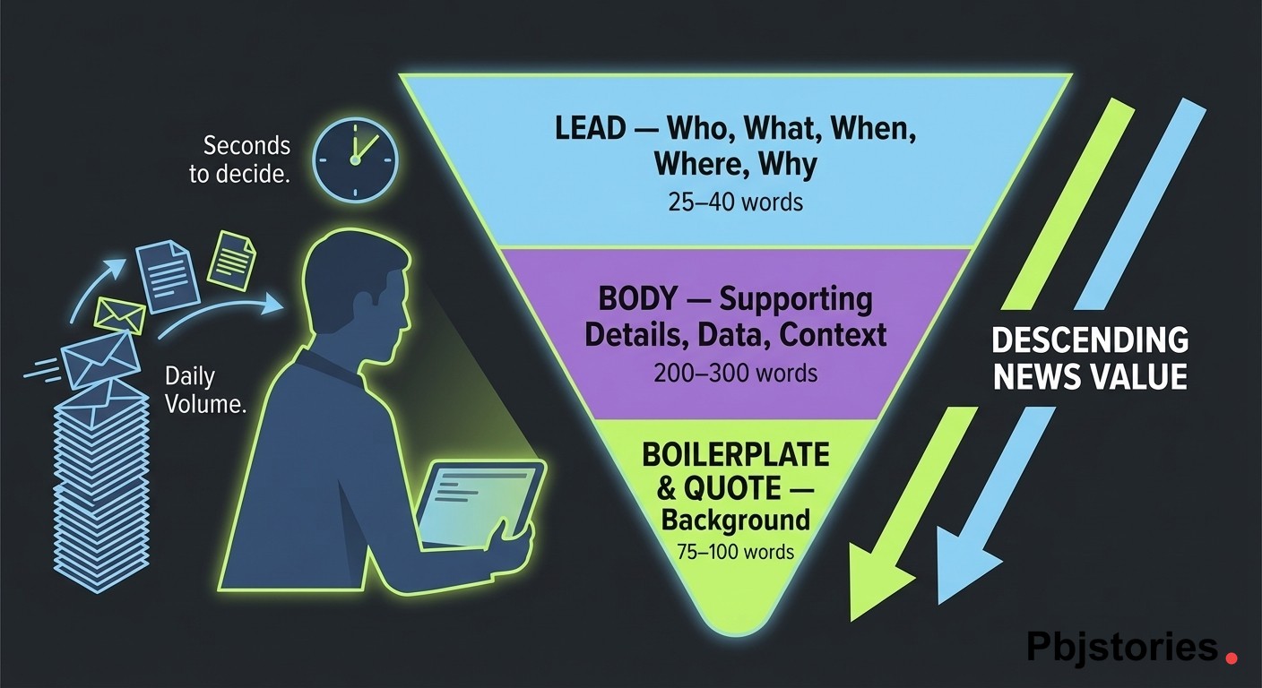 Inverted pyramid structure for press releases showing how journalists expect newsworthy information front-loaded in lead paragraph followed by supporting details and boilerplate