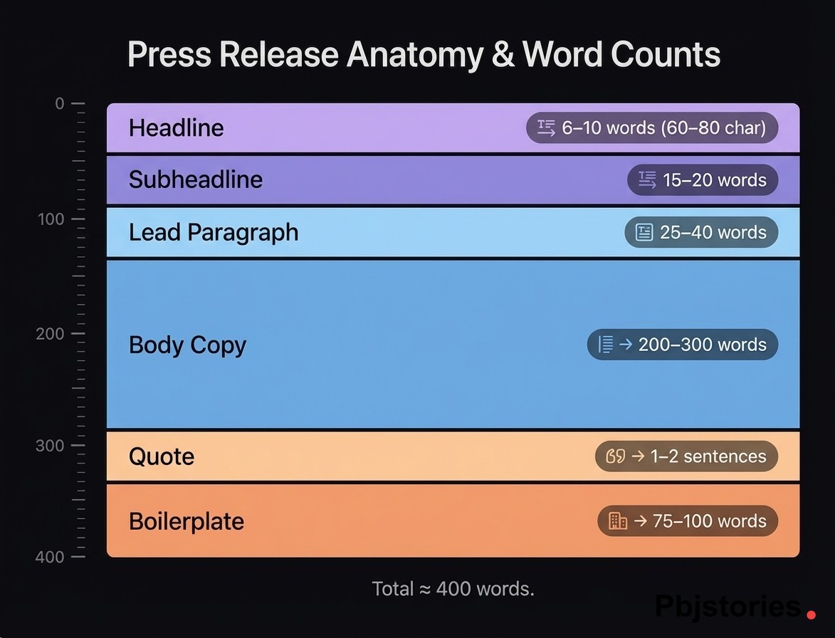 Press release anatomy diagram showing ideal word count for each section including headline, subheadline, lead paragraph, body copy, quote, and boilerplate