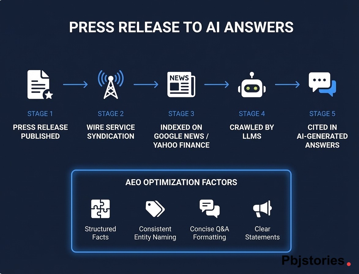 Process flow diagram showing how a press release travels from wire service publication through syndication and LLM indexing to appear in Google AI Mode and ChatGPT answers