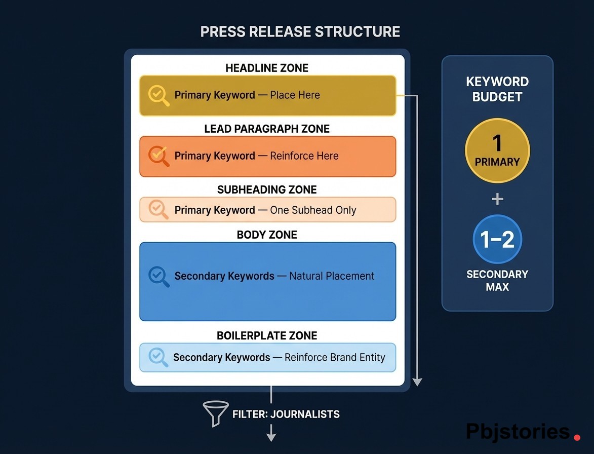 Diagram of a press release layout showing where to place primary and secondary keywords including headline, lead paragraph, subheadings, body, and boilerplate sections