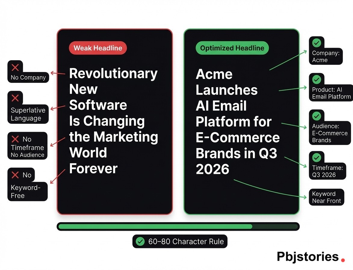 Side-by-side comparison of a weak press release headline versus an SEO-optimized headline with annotations identifying company name, product category, audience, timeframe, and keyword placement