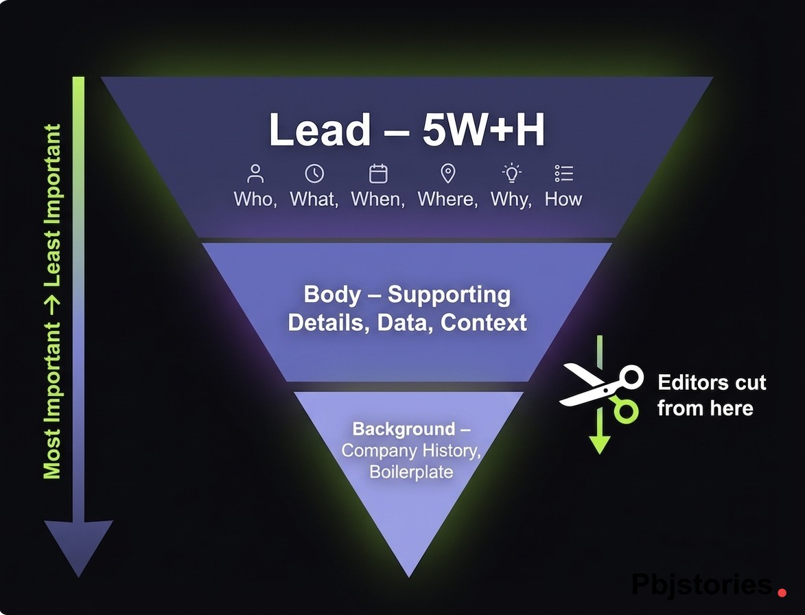 Inverted pyramid diagram for press release writing showing lead paragraph at top with 5W+H, supporting body details in middle, and background context at the bottom