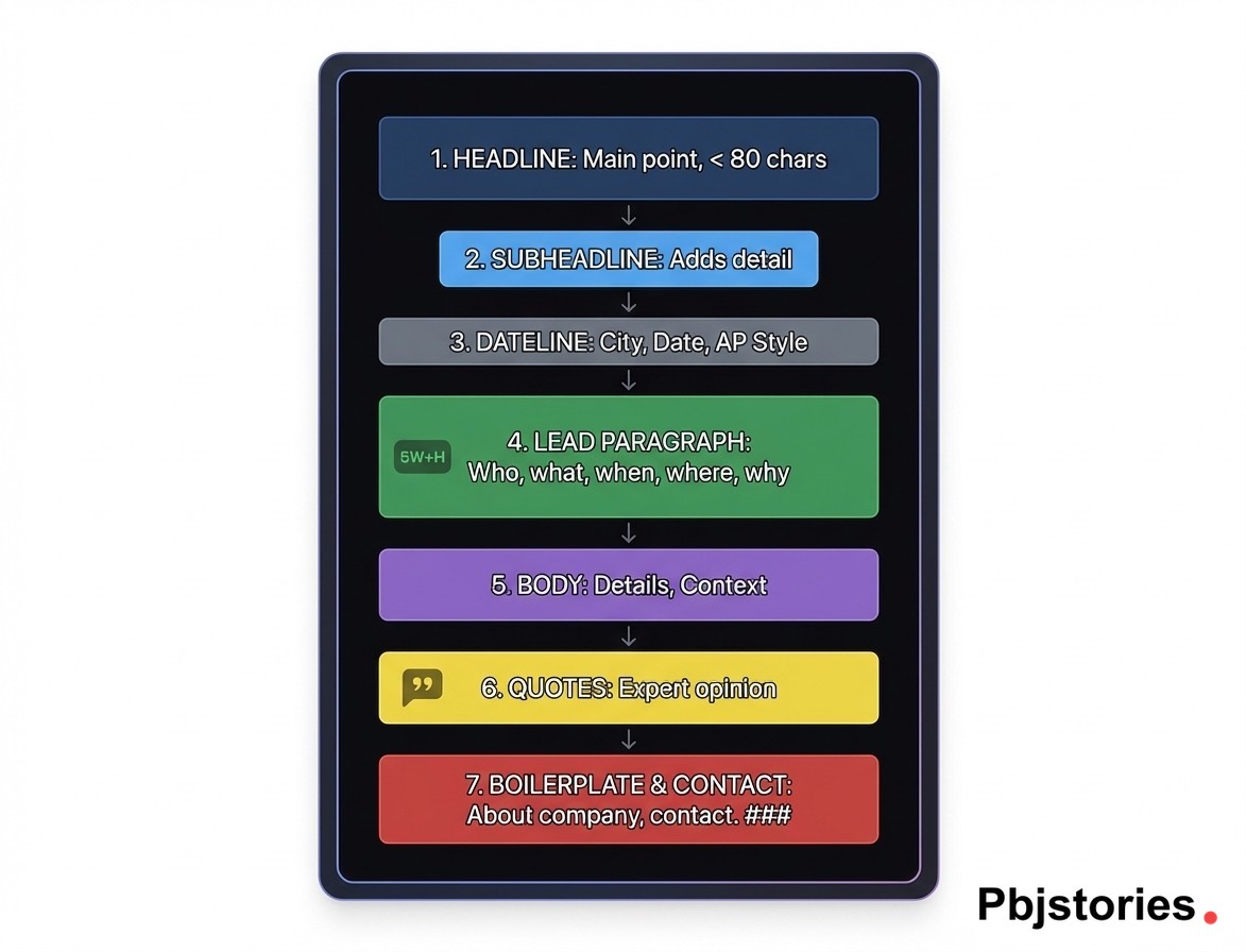Anatomy of a press release showing 7 essential parts in order: headline, subheadline, dateline, lead paragraph, body, quotes, and boilerplate with contact information