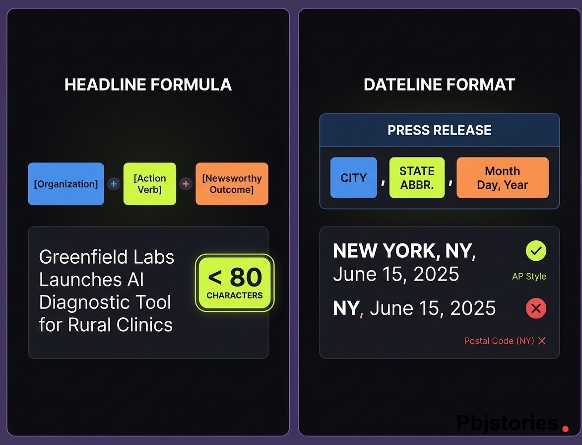 Press release headline formula and AP style dateline format guide with examples showing correct structure for journalists