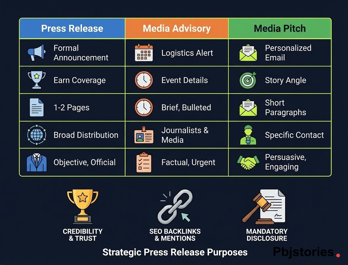 Comparison chart showing differences between a press release, media advisory, and media pitch, plus the three strategic purposes of press releases