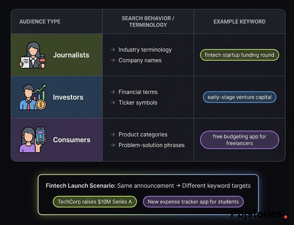 Comparison chart showing press release keyword intent by audience type: journalists use industry terms, investors use financial terms, and consumers use product category phrases