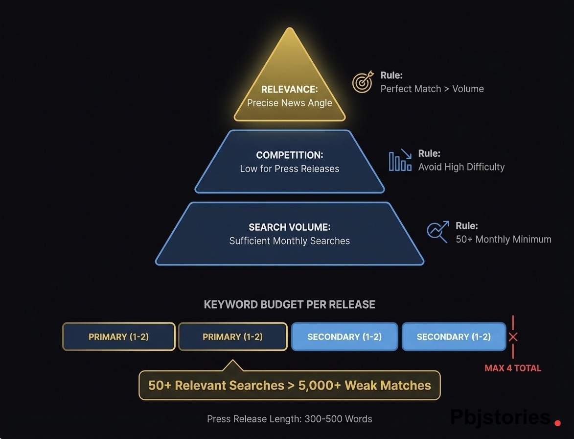 Priority pyramid showing press release keyword selection hierarchy with relevance at the top followed by competition level and search volume, plus a keyword count rule of one to two primary and one to two secondary keywords