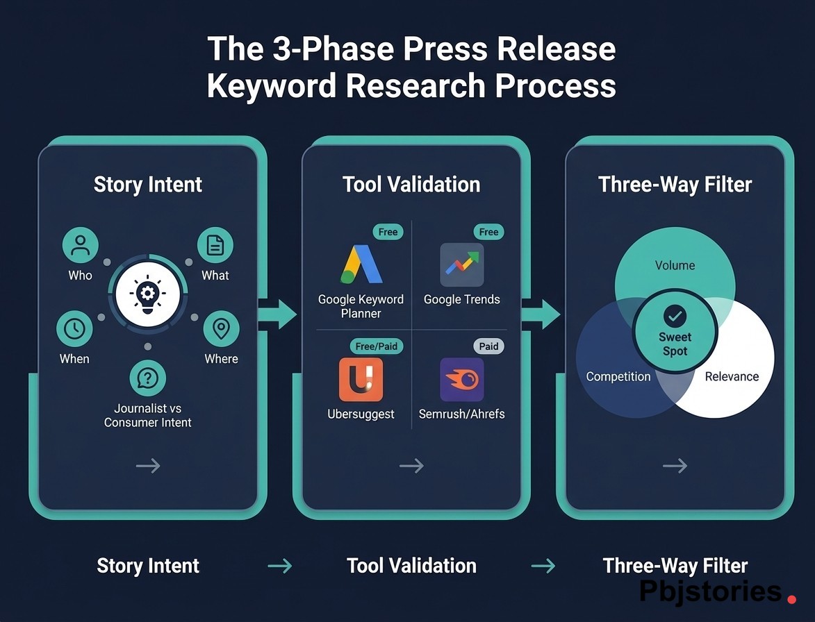 Three-phase press release keyword research process flow: story intent using the 5 W's, tool validation with Google Keyword Planner and Semrush, and filtering by volume competition and relevance