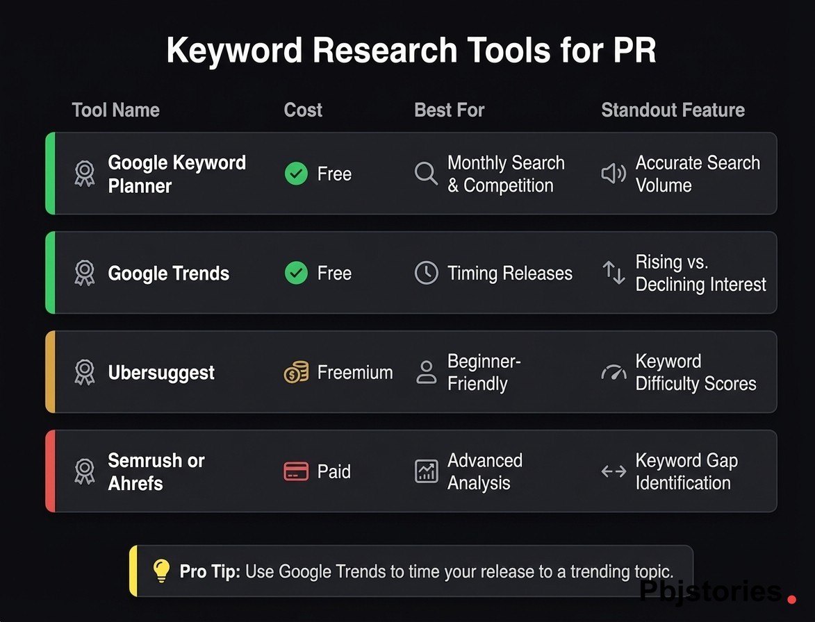 Comparison table of four press release keyword research tools including Google Keyword Planner, Google Trends, Ubersuggest, and Semrush showing cost and best use case for each