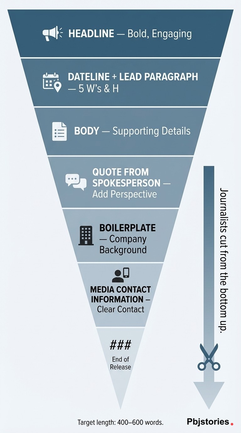 Inverted pyramid diagram showing the 7 essential press release elements from headline at top to media contact and ### symbol at bottom