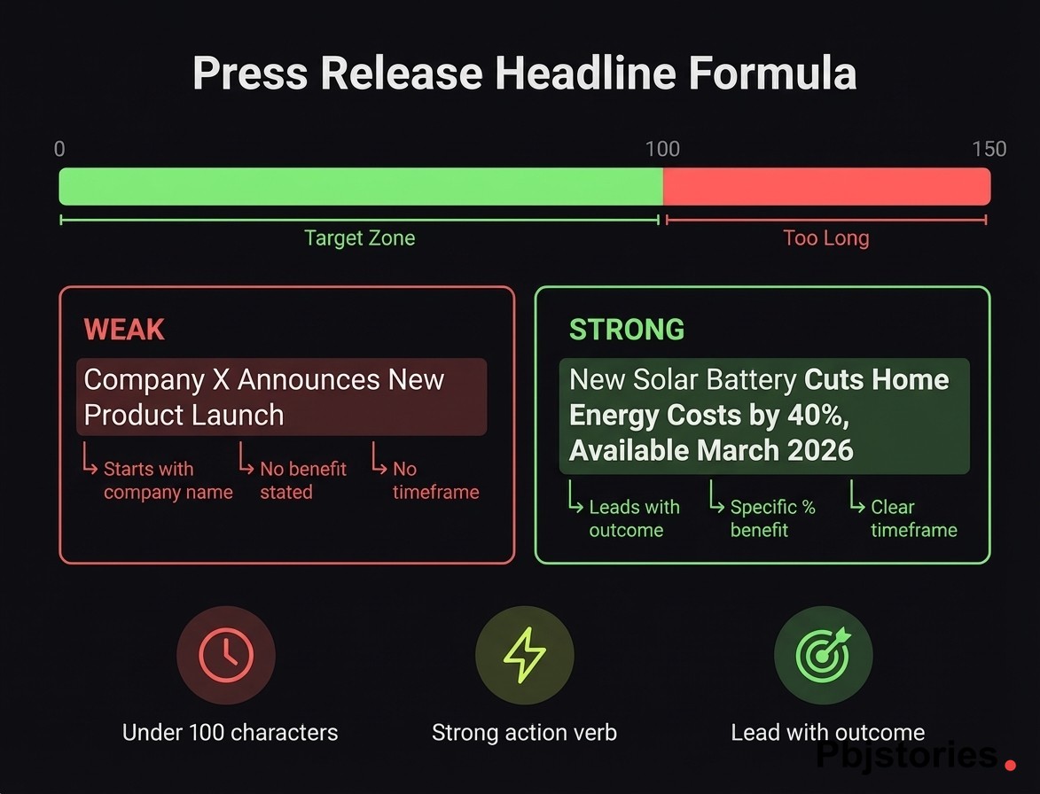 Press release headline formula infographic comparing a weak headline to a strong headline with annotations and a 100-character limit guide