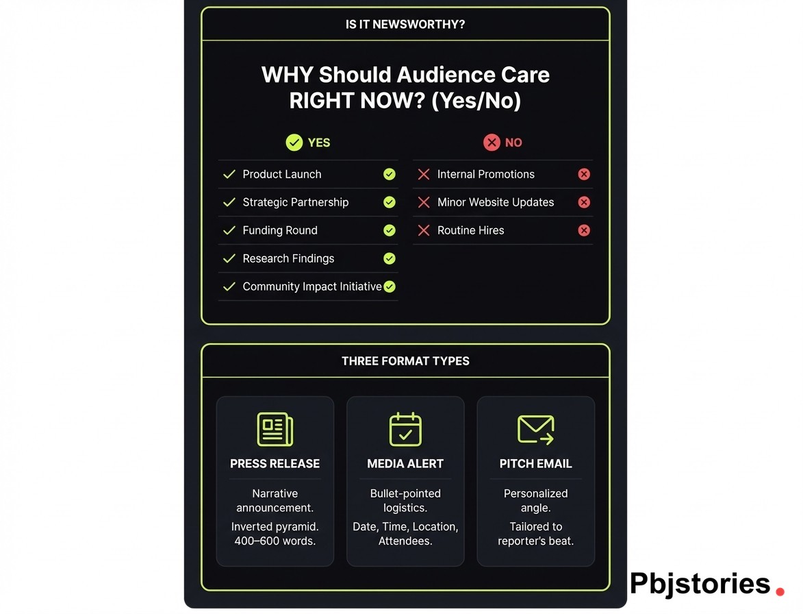 Checklist infographic showing what topics qualify as newsworthy for a press release and when to use a press release versus media alert versus pitch email