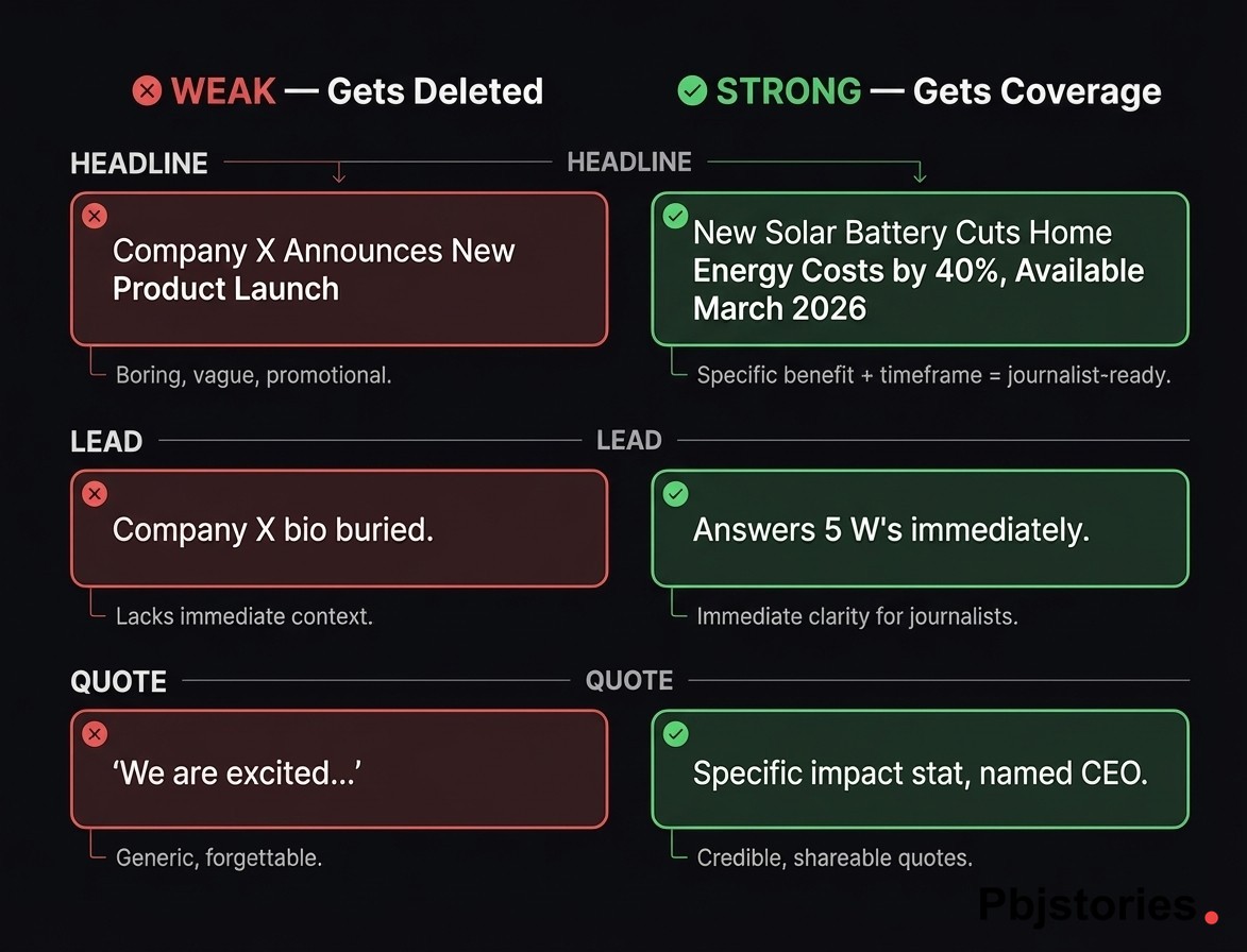 Side-by-side comparison chart showing weak versus strong press release examples for headlines, lead paragraphs, and quotes