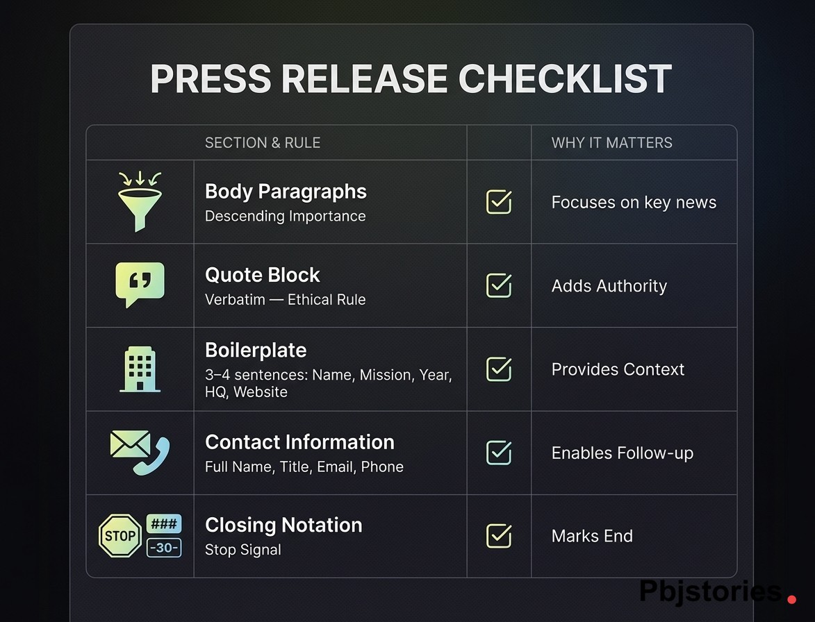Checklist infographic of press release body elements including quotes, boilerplate, contact information, and closing notation with rules for each