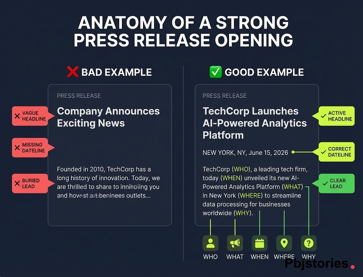 Side-by-side comparison of a bad versus good press release headline, dateline, and lead paragraph with annotations showing the five Ws