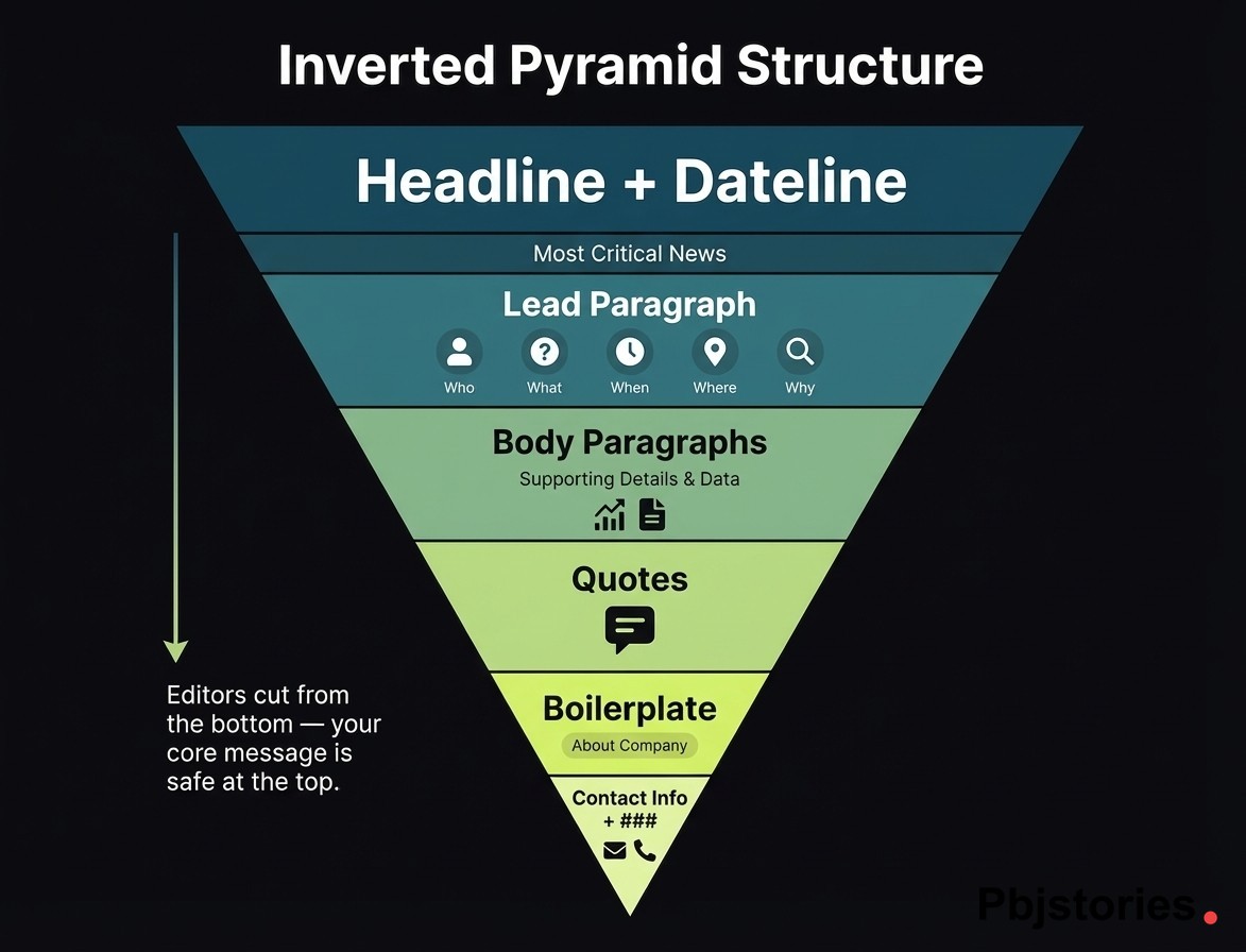 Inverted pyramid structure of a press release showing all key elements from headline and dateline at the top to contact information and closing notation at the bottom