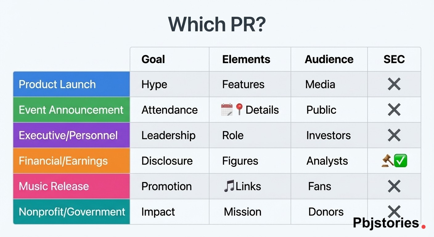 Comparison chart of press release types including product launch, event, executive announcement, financial earnings, music, and nonprofit with key attributes for each