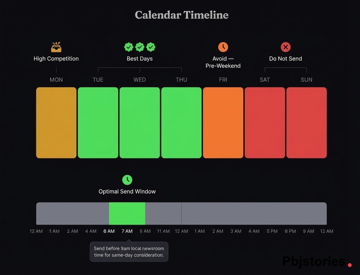 Best time and day to send a press release heatmap calendar showing optimal Tuesday through Thursday morning windows for maximum journalist pickup