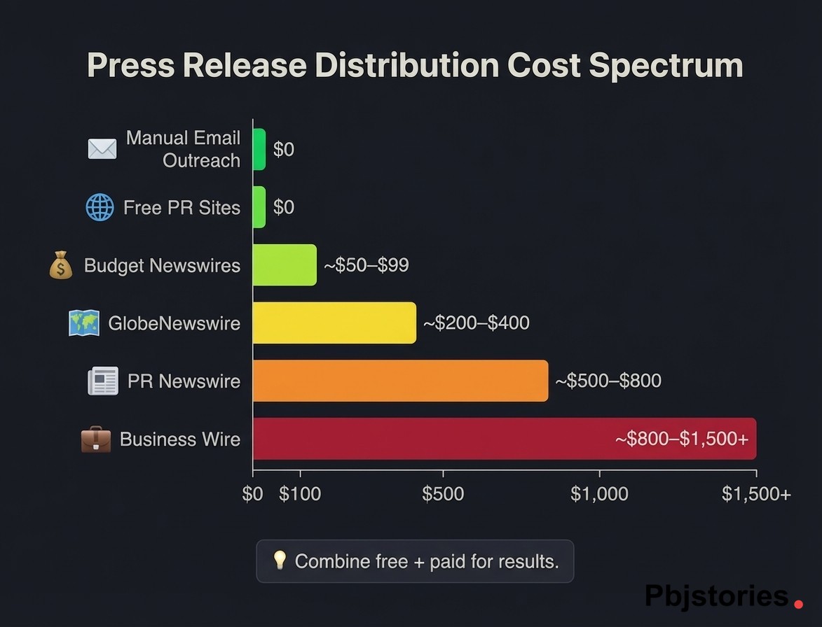 Press release distribution cost comparison bar chart from free direct outreach to paid wire services
