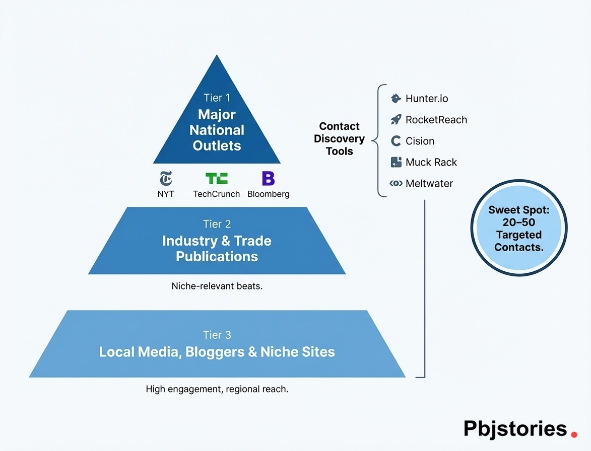 Three-tier media list hierarchy pyramid for press release distribution showing national outlets, trade publications, and local media with journalist contact discovery tools