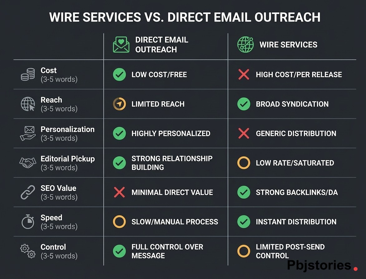 Wire services versus direct email outreach comparison chart showing pros and cons across cost, reach, SEO value, and editorial pickup rate for press release distribution