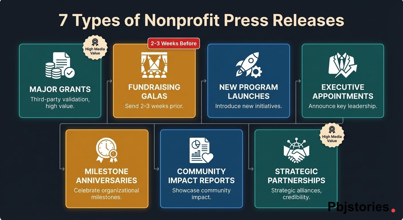 Seven types of nonprofit press releases including grant announcements, fundraising galas, program launches, and executive appointments with timing and media value indicators