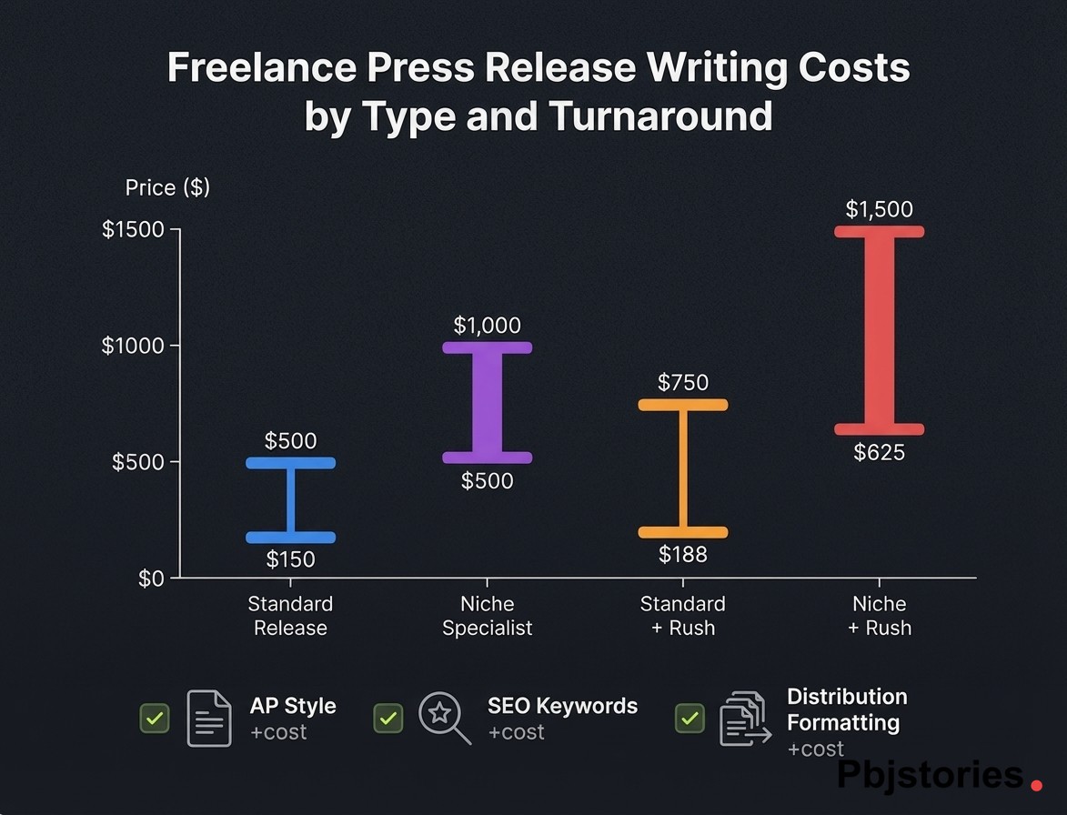Bar chart comparing freelance press release writing costs by tier showing standard releases and niche specialist releases with rush fee impact
