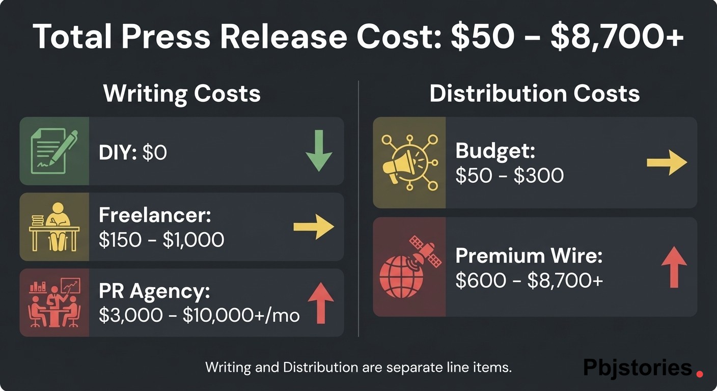 Infographic showing press release cost breakdown split between writing costs ranging from zero dollars DIY to ten thousand dollars PR agency and distribution costs ranging from fifty dollars budget to over eight thousand dollars premium wire services in 2026