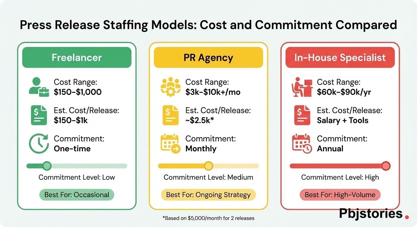 Comparison chart of three press release staffing models showing freelancer, PR agency retainer, and in-house specialist costs with best-fit use cases