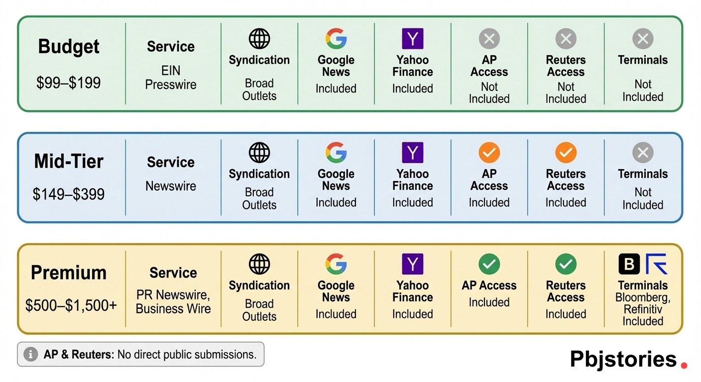 Comparison chart of paid press release distribution services by price tier showing budget, mid-tier, and premium options with AP and Reuters access