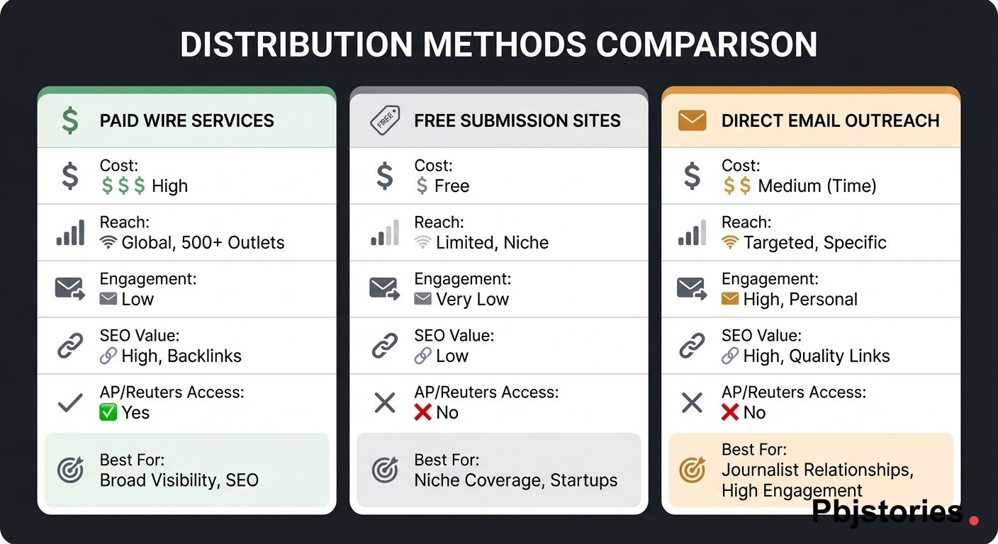 Side-by-side comparison of paid wire services versus free press release sites versus direct journalist email outreach across cost, reach, engagement, and SEO value
