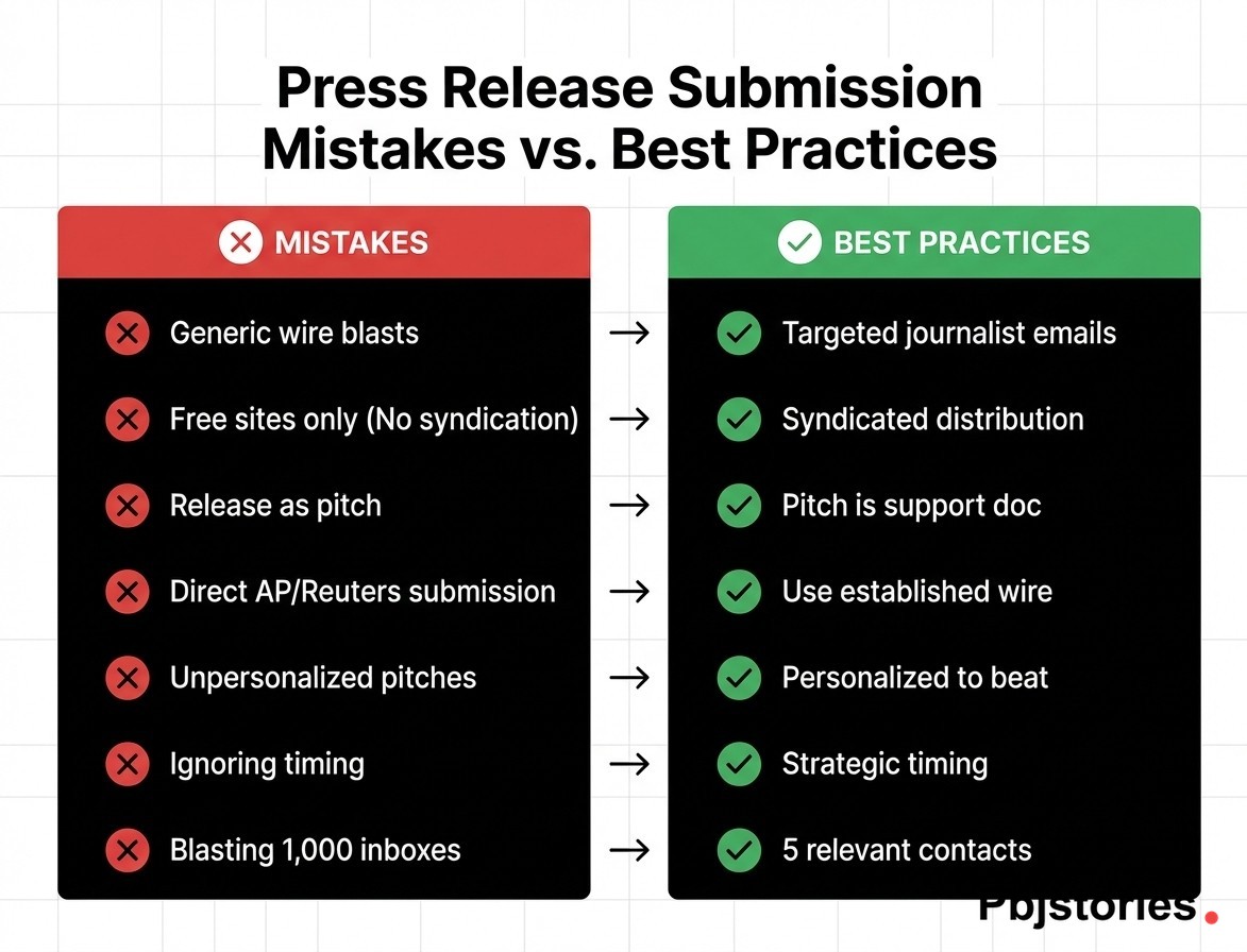 Checklist infographic of common press release submission mistakes and best practices including correct distribution channel selection