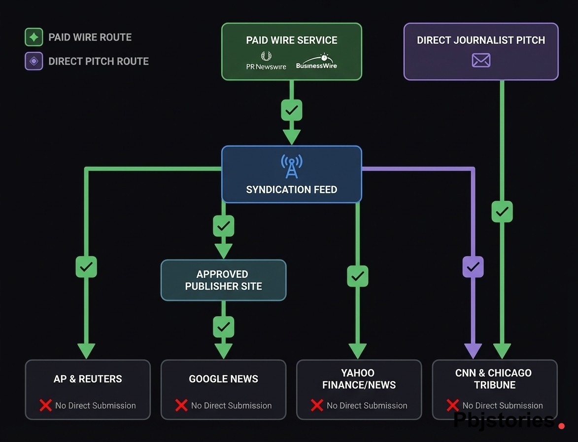 Flowchart showing how to get a press release on AP, Reuters, Google News, and Yahoo Finance through paid wire services or direct journalist outreach