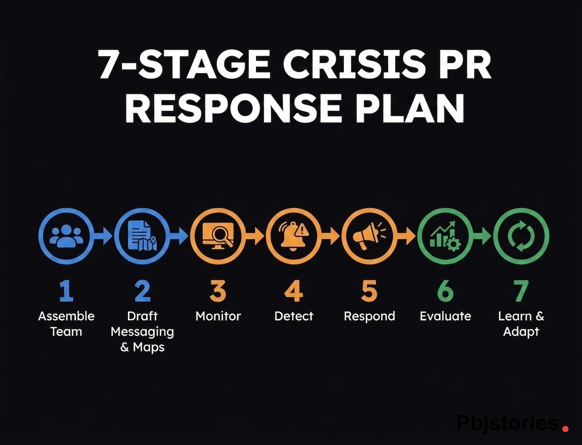 7-stage crisis public relations plan process flow showing preparation, execution, and recovery phases