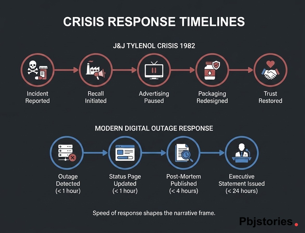 Timeline comparing the Johnson and Johnson Tylenol crisis response in 1982 with a modern digital service outage crisis response