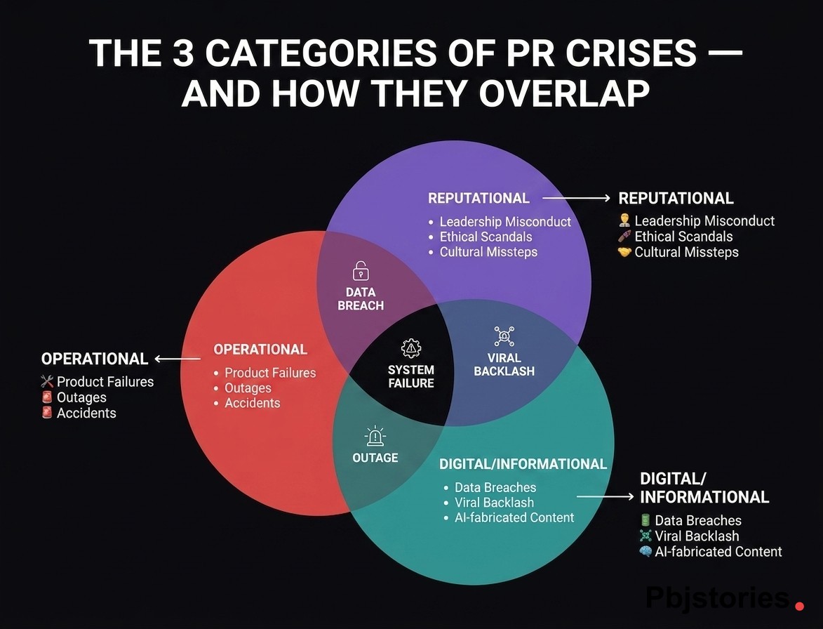 Diagram of the three types of PR crises — operational, reputational, and digital — showing how they overlap in real incidents