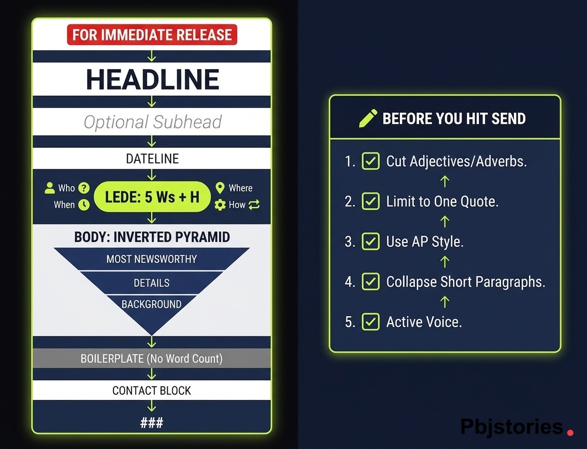 Standard press release format structure diagram showing inverted pyramid layout from FOR IMMEDIATE RELEASE to ### sign-off, with a pre-send tightening checklist