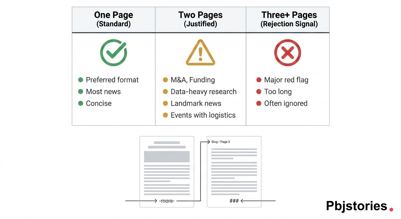 Press release length comparison chart showing when one page, two pages, and three or more pages are appropriate, with two-page formatting rules illustrated