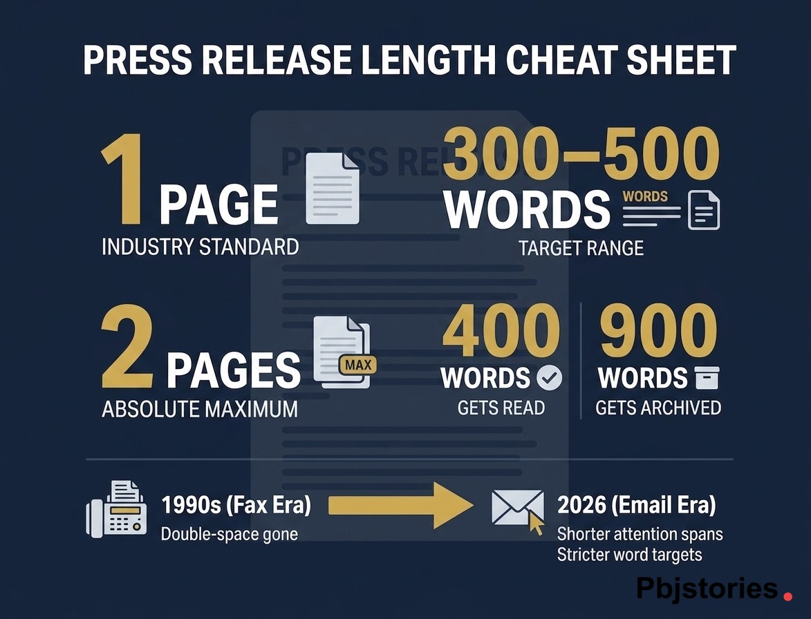 Press release length quick-reference infographic showing one-page standard, 300–500 word target, two-page maximum, and how email era makes word count stricter than the 1990s fax era