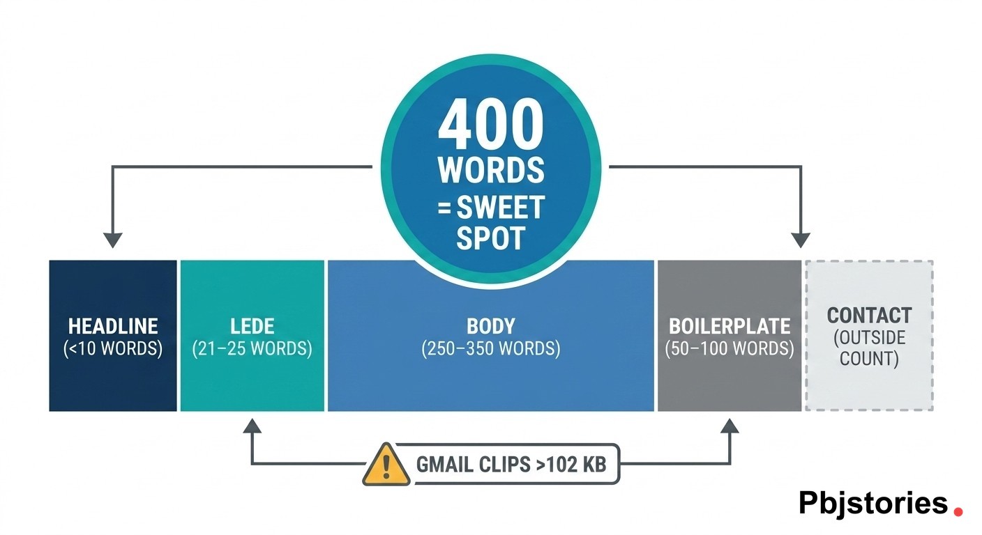 Press release word count breakdown infographic showing 300–500 word target, 400-word sweet spot, 21–25 word lede, and 50–100 word boilerplate guidelines