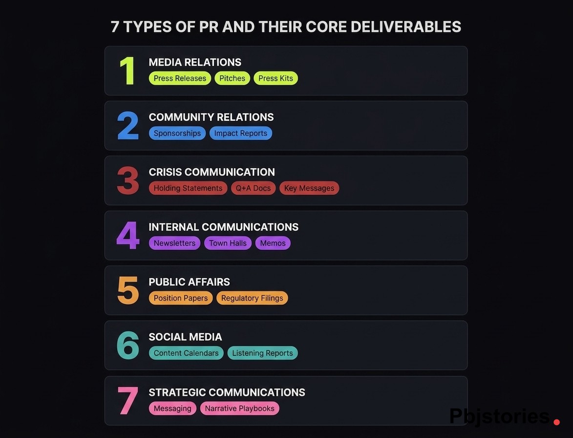 Infographic showing the 7 types of PR and their core deliverables including media relations, crisis communication, and strategic communications