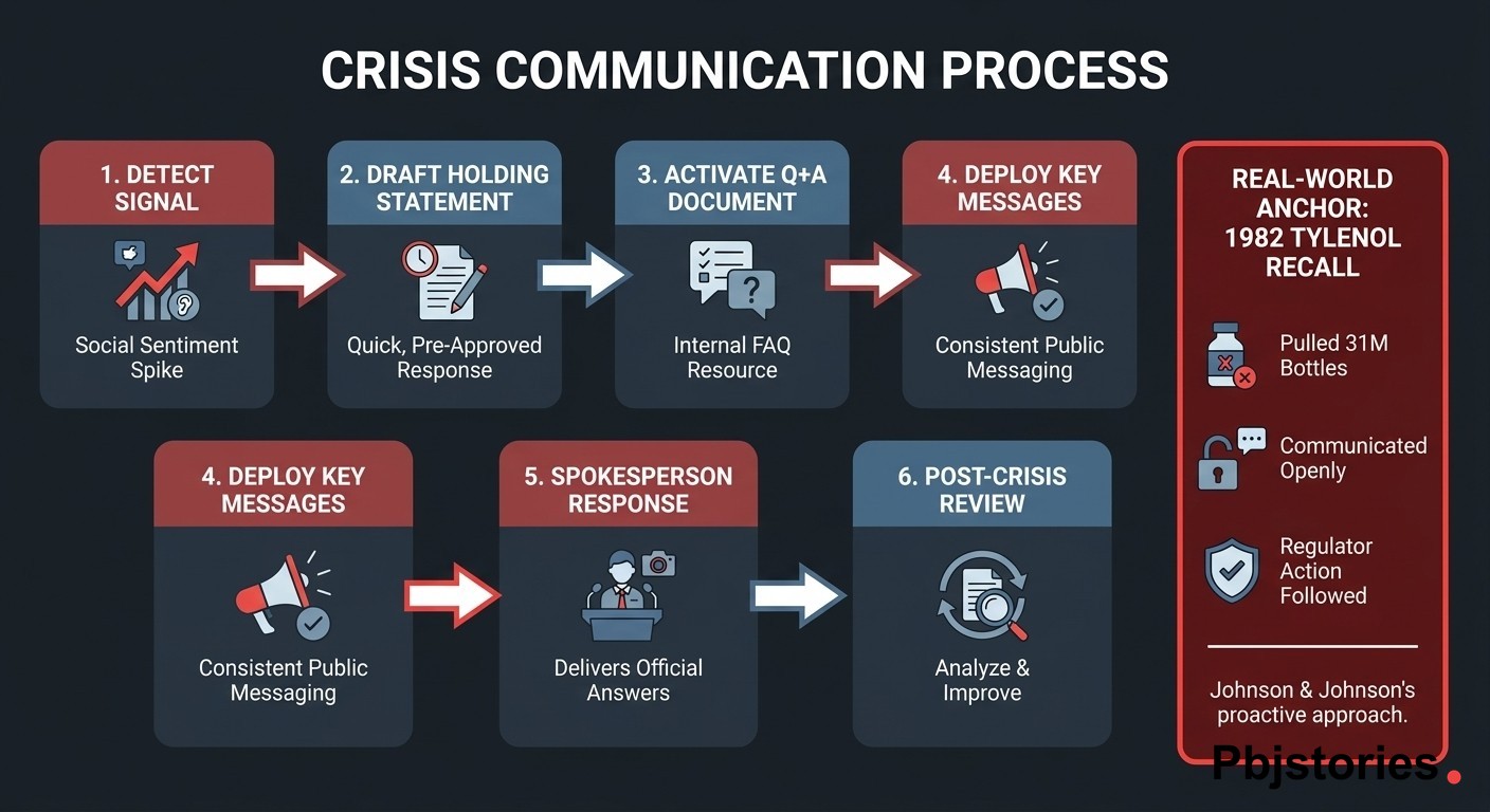 Crisis communication process flow infographic showing 6 steps from signal detection to post-crisis review with Tylenol recall example