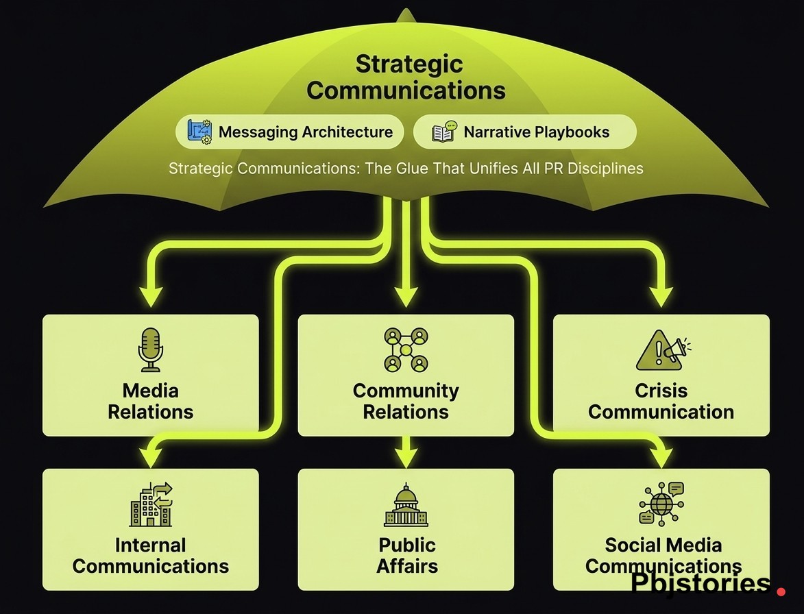 Hierarchy diagram showing strategic communications as the umbrella discipline unifying all 7 types of PR including media relations crisis communication and internal communications