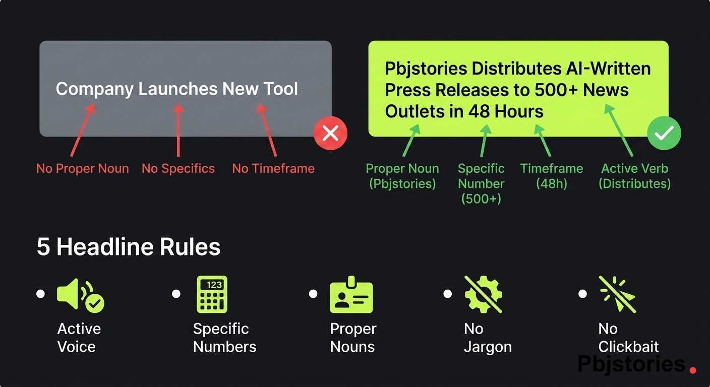 Diagram showing the three core qualities of a good press release — newsworthy angle, compelling headline, and concise fact-focused writing — supported by secondary elements like quotes, formatting, and multimedia
