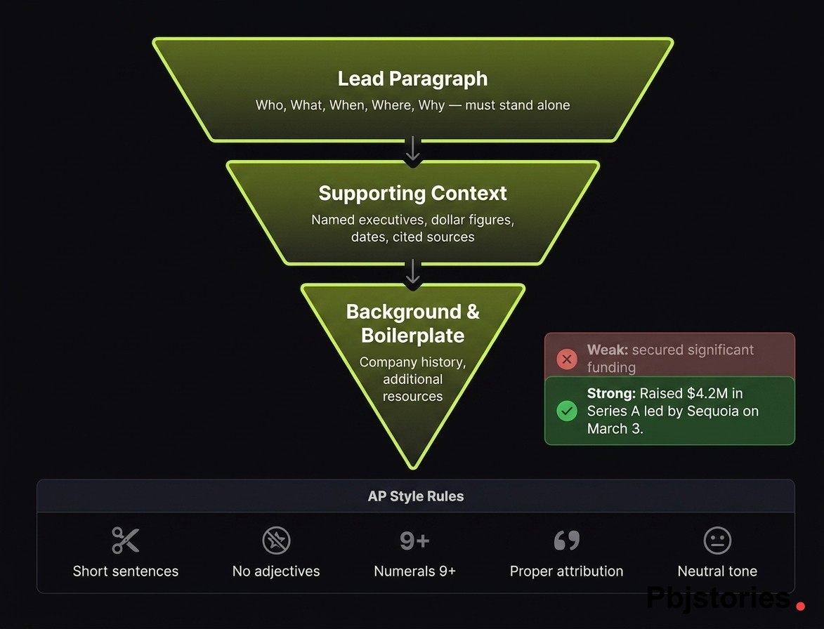Before and after comparison of a weak versus strong press release headline with annotations showing the five rules for writing a compelling press release headline