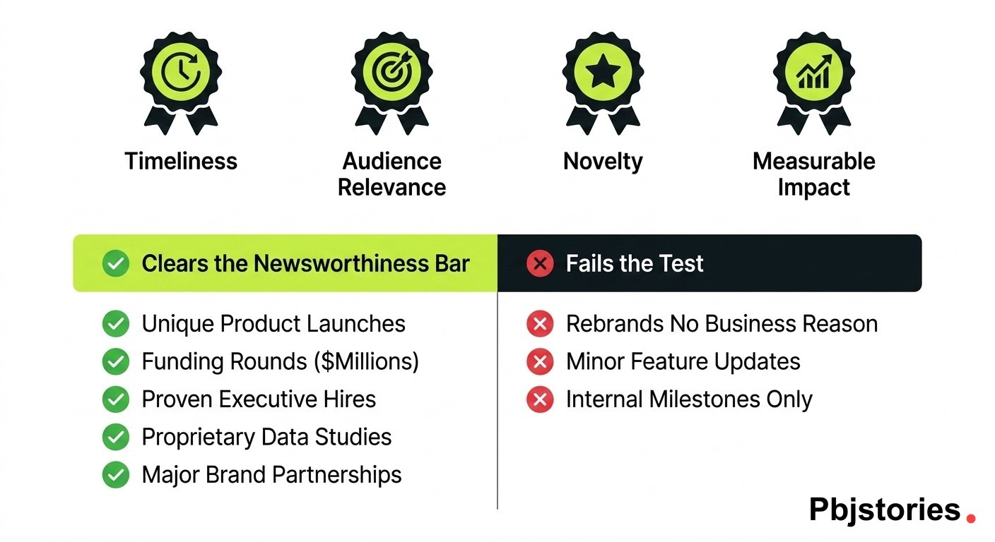Comparison chart showing press release examples that qualify as newsworthy versus those that fail the newsworthiness test, with the four key newsworthiness factors highlighted