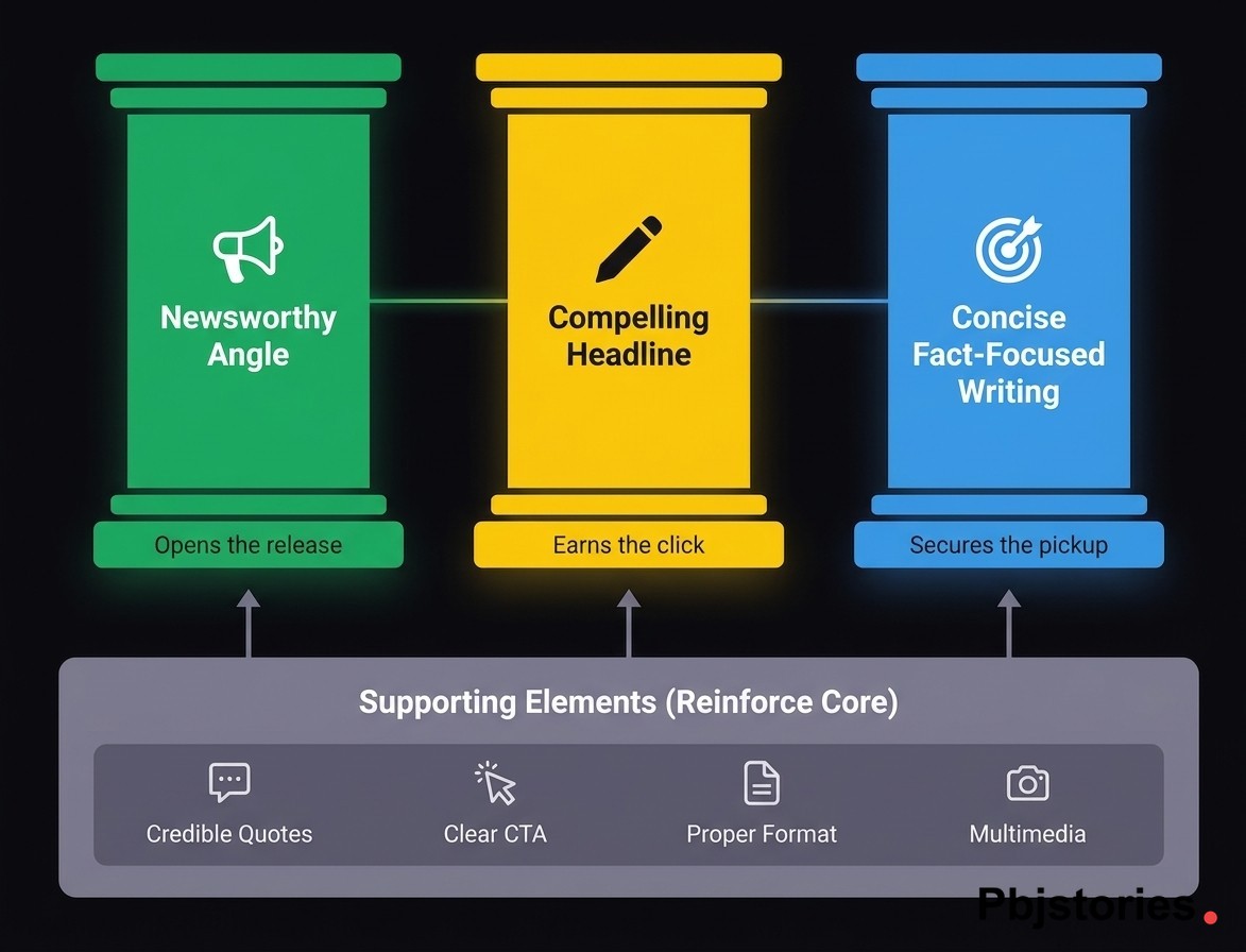 Inverted pyramid diagram showing the structure of concise fact-focused press release writing with AP style rules and a weak versus strong writing example